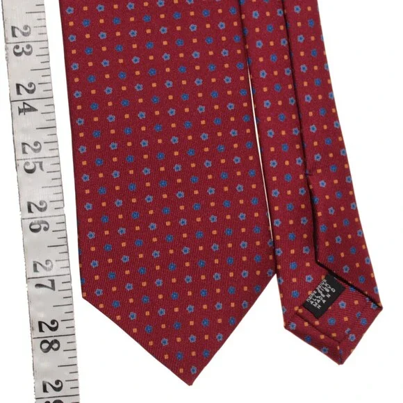 Drake's NWT Neck Tie in Red w/ Blue & Yellow Floral / Square Pattern 100% Silk